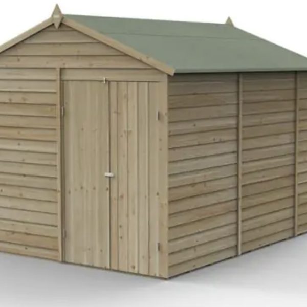 (DRAWN 21-7-24) 10' x 8' Forest 4Life 25yr Guarantee Overlap Pressure Treated Shed Including Base & Installation