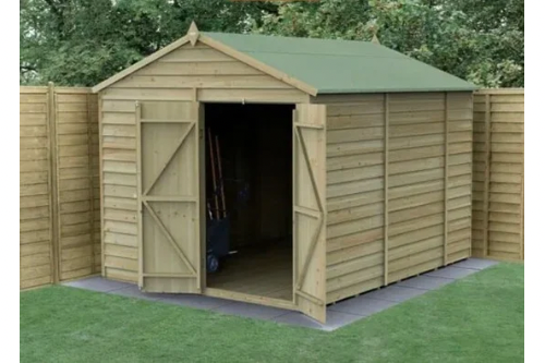 (DRAWN 21-7-24) 10' x 8' Forest 4Life 25yr Guarantee Overlap Pressure Treated Shed Including Base & Installation